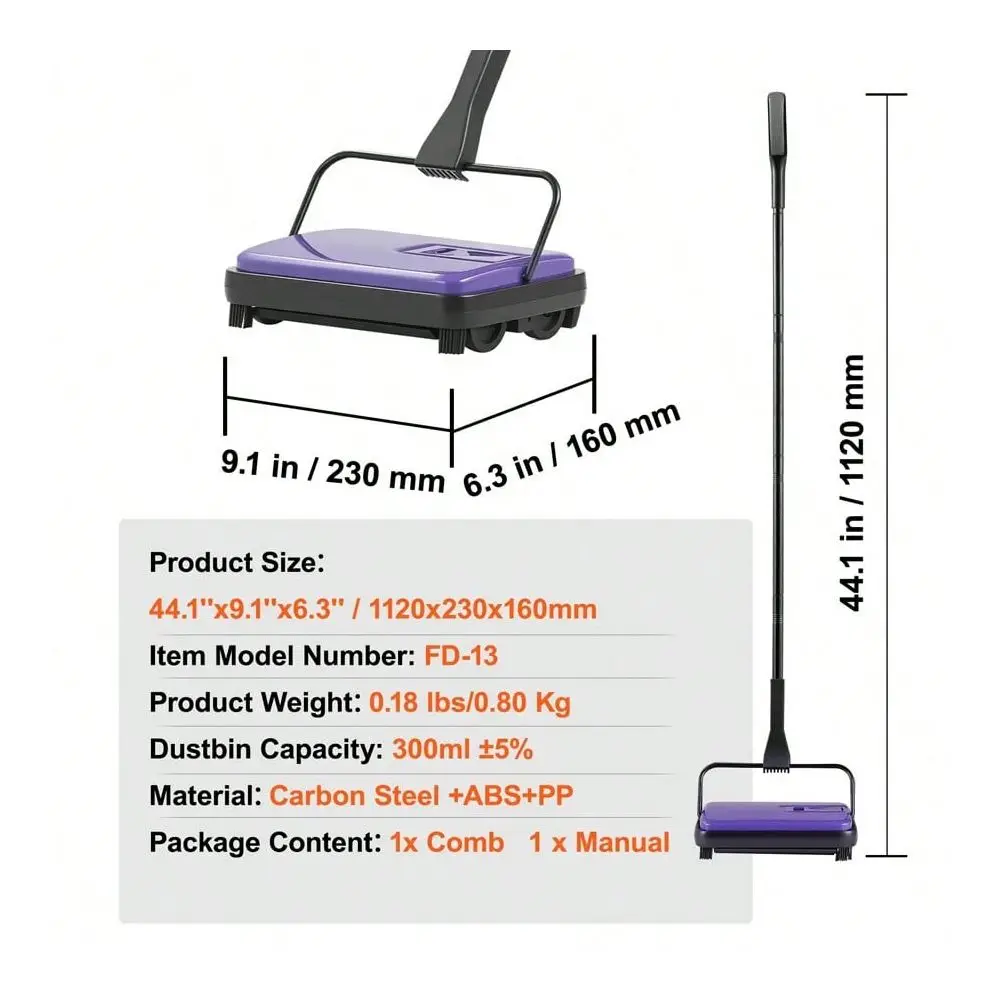 

Sweeper, 6.7 In Sweeping Paths, Floor Sweeper Manual Non Electric, 300 Ml Dustbin Capacity With Comb For Home Office Rugs Hardw