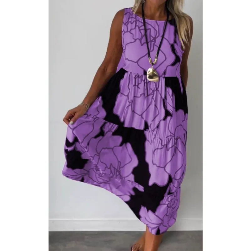 Robe trapèze imprimée sans manches pour femmes, col rond, élégante, plissée, longue, style Boho, ample, décontractée, été, 2025