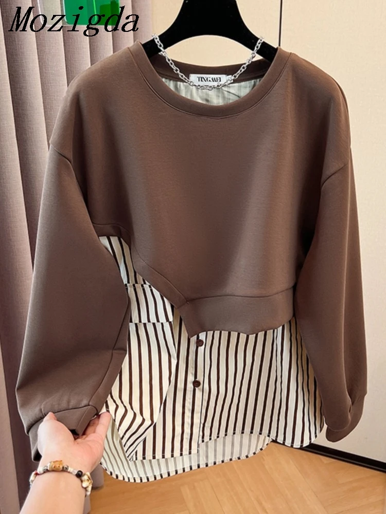 

Весенняя полосатая рубашка в корейском стиле, лоскутная толстовка с круглым вырезом, новый свободный топ большого размера из двух частей