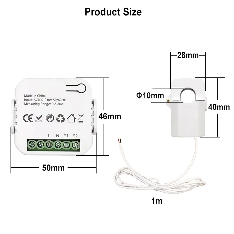 Tuya-Compteur d'énergie numérique WiFi Smart Life, pince à capteur de courant ondulé, moniteur d'application, alimentation bricolage, 80A, 110V, 240V, 50Hz, 60Hz