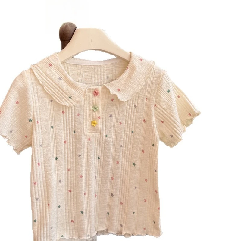 New Summer Korean Style Girls T-Shirt, All Over Star Print Short Sleeve Fashion Casual Top for Toddler Baby Little Girls