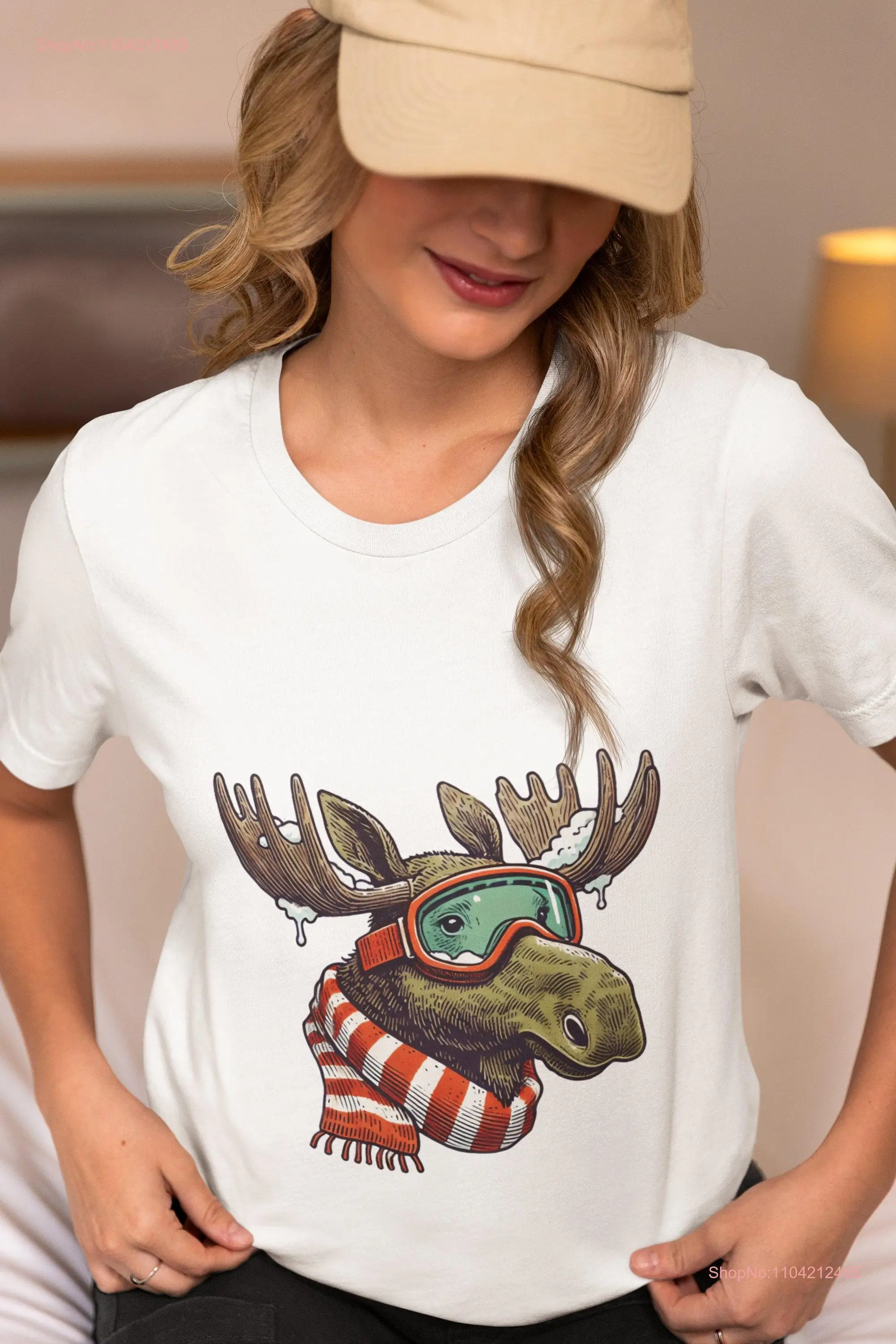 Funny Winter Moose in Ski Goggles Scarf T Shirt Perfect Christmas Holiday for Lovers and Enthusiasts Novelty Top