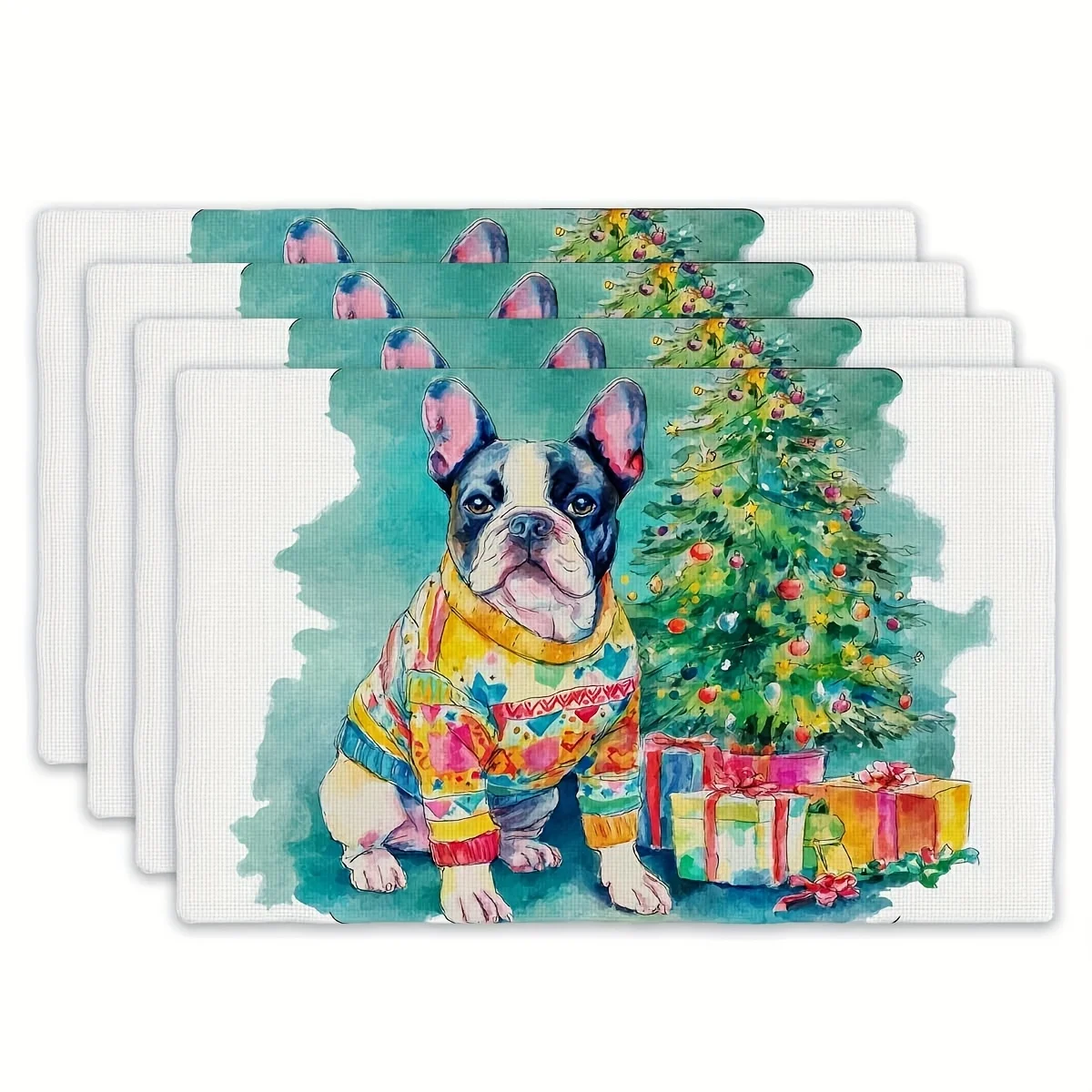 4pcs Festive French Bulldog Christmas Placemats - Cozy Polyester, 12