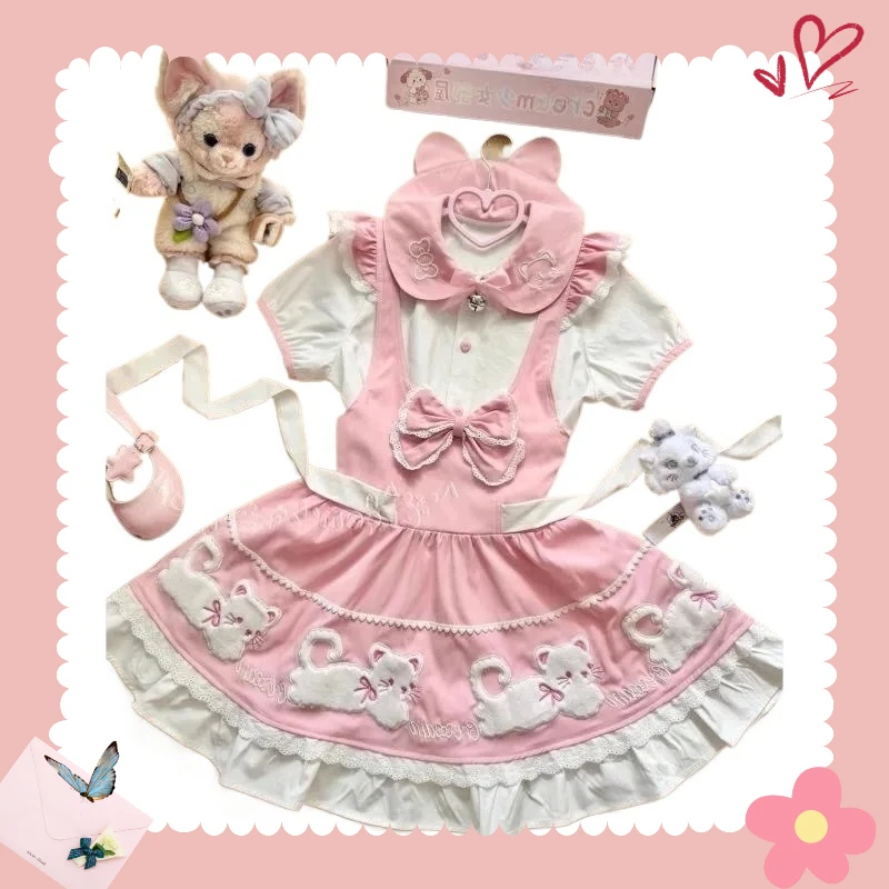 

Pink Uniform Suit Sweet and Cute Doll Collar Bow Short-sleeved Shirt and Lace-up Suspender Tutu Skirt Strap Short Skirts