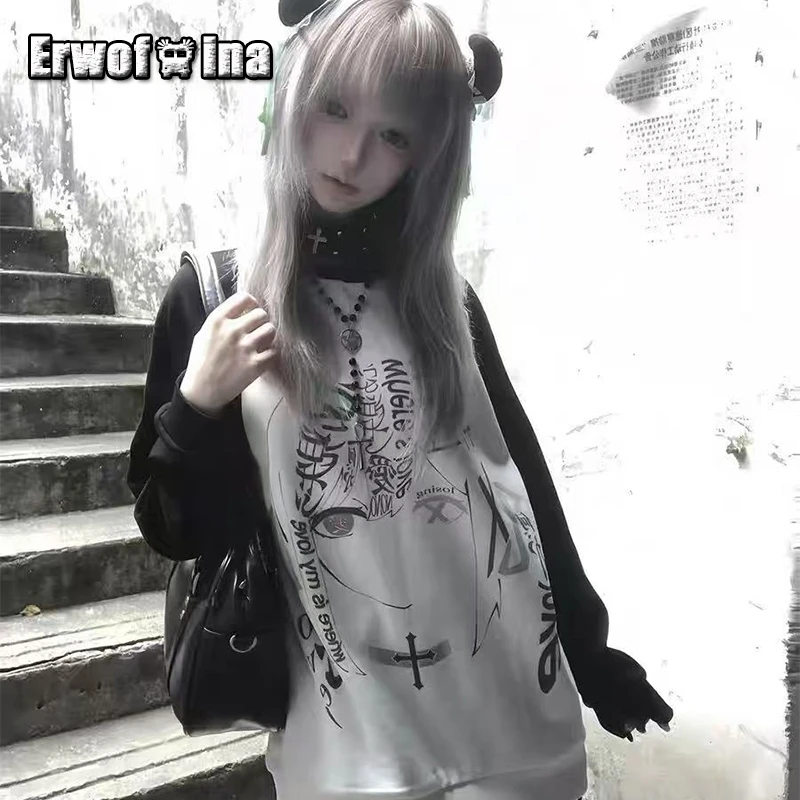 

Erwofeina Gothic Graphic T Shirts Graffiti Print Tops Patchwork Loose Long Sleeve 2000s Clothes Y2k Japan Style O-neck Chic Tees