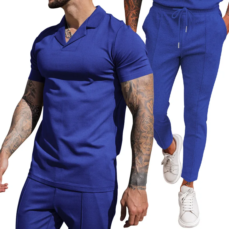 2024 Foreign Trade Summer New Waffle V-neck Casual Polo Collar Men's Short Sleeved Long Pants Set Men's Clothing