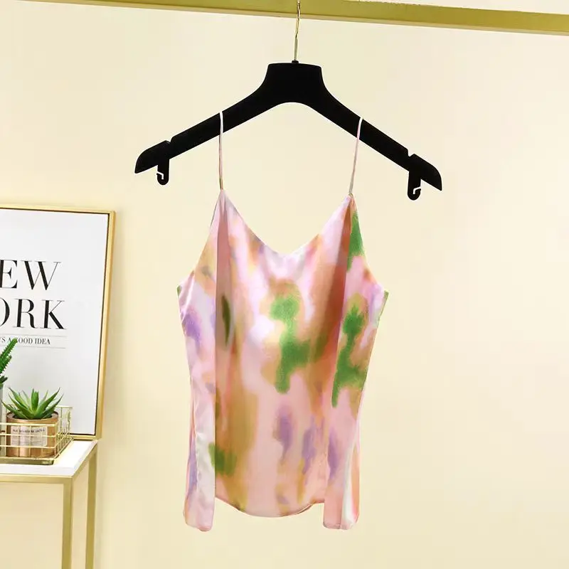 2024 Summer Tank Top Women Silk Satin Loose Oil Painting Print V-neck Strap Halter Vest Female Undershirt Lingerie High Quality