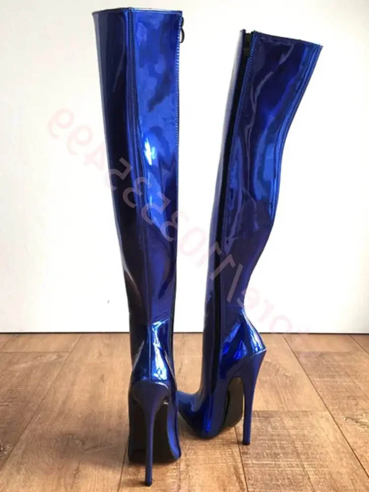 

Сексуальные подиумные ботинки выше колена из лакированной кожи с острым носком, новинка 2024, вечерние ботинки на шпильке, уличные модные женские сценические ботинки