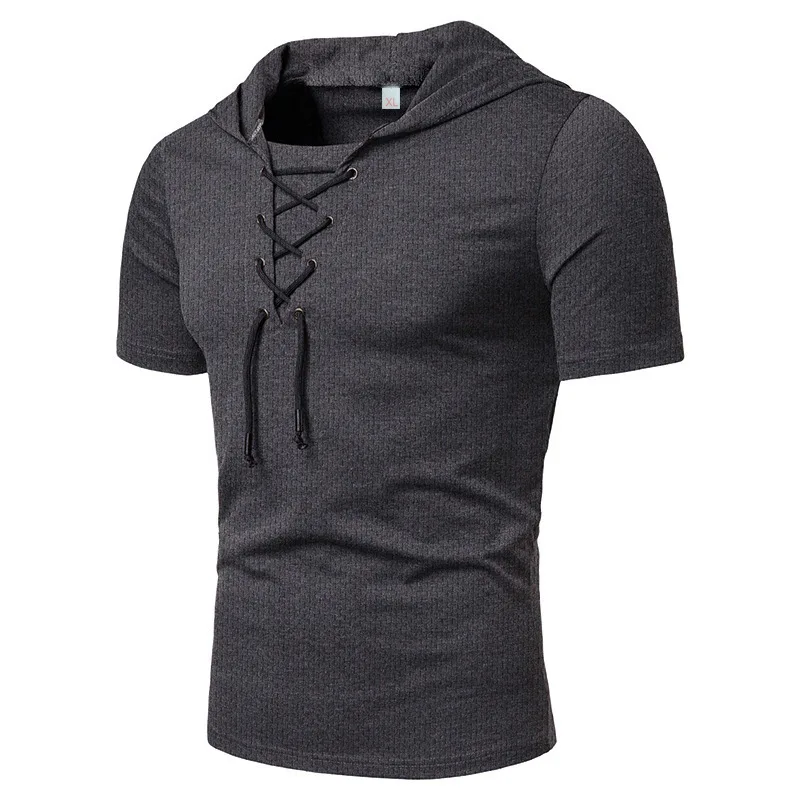 2024 Men T Shirt Summer Personality Hooded Tees Lacing Short Sleeve T-Shirt Homme Slim Fit Sportwear Clothing Mens Tshirt