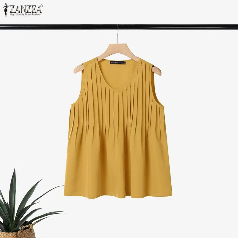 ZANZEA Plus Size 5XL Woman Pintuck Tank Top Summer Casual Loose Solid A-Line Sleeveless Blouse Holiday Beach Round Neck Tops