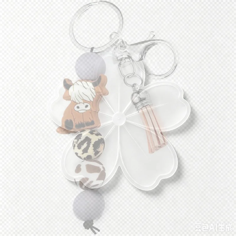 1Pcs Fashionable Tassels And Silicone Bead Holder Animal Pendant Keyring Highland Cow Keychain For Children And Adults