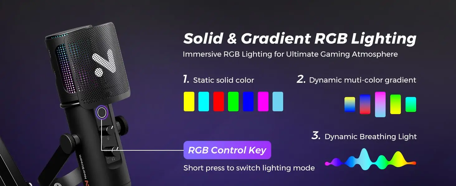 NearStream USB/XLR-Kondensator-Mikro-Gaming-Mikrofon mit 8 RGB-Modi, Beleuchtung, Auslegerarm für Streaming auf PC/PS5, Gamer-Mikrofon – Detail 5