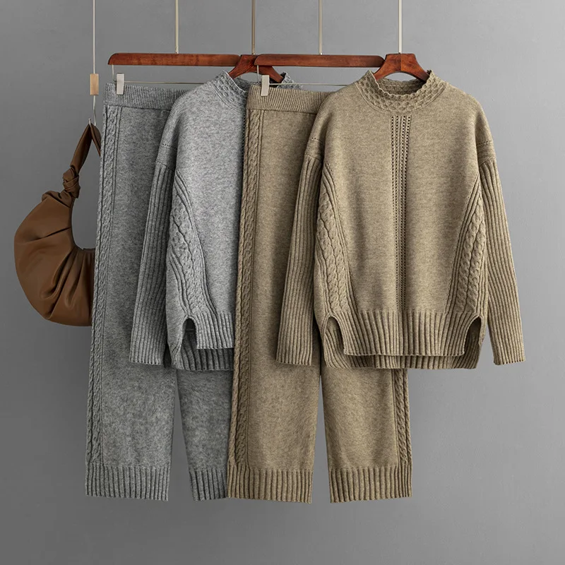 Oversized Pijamas Women Winter Female Jumpers Top Knitted Pullovers Sweater Wide Leg Pants Home Suits 2 Piece Sets Tracksuits