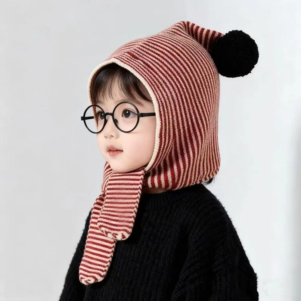 

Korean Winter Baby Balaclava Hat Striped Ear Protection Knitted Hood Scarf Warm Windproof Bomber Cap Kids Boy Girl Beanies