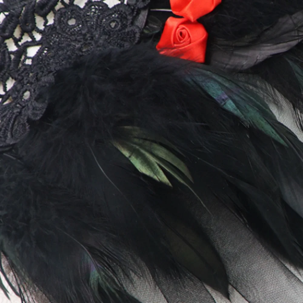 Black Feather Shoulder Veil Elegant Halloween Witch Cloak Lace Mesh Shawl Cloak Charming Red Rose Feather Cape For Everyday Wear