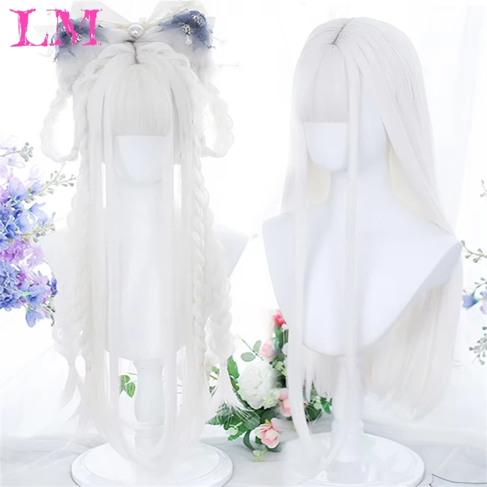 

LM Synthetic Long Straight White Wig With Bang Synthetic Wigs for Women Heat Resistant Natural Hair for Daily Halloween Cosplay