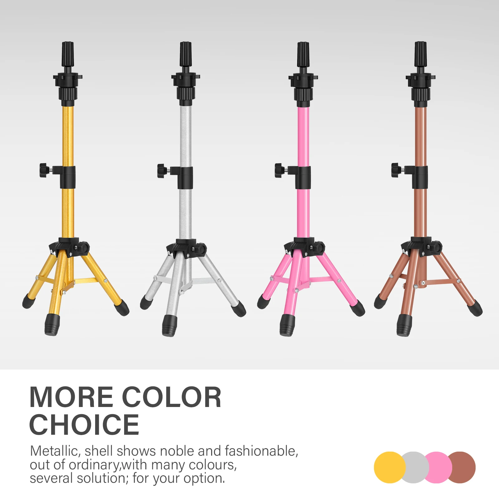 حامل ثلاثي القوائم برأس شعر مستعار قابل للتعديل، حامل رأس عارضة أزياء صغير خفيف الوزن، حامل معدني محمول لرأس التدريب أو عرض الشعر المستعار