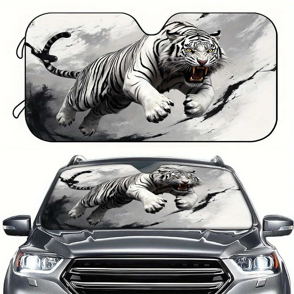1pc Car Sunshade, Ink Wash White Galloping Tiger Car Sun Visor, Front Windshield Sunshade, HD Printed Sunshade, Blocks Sunlight,
