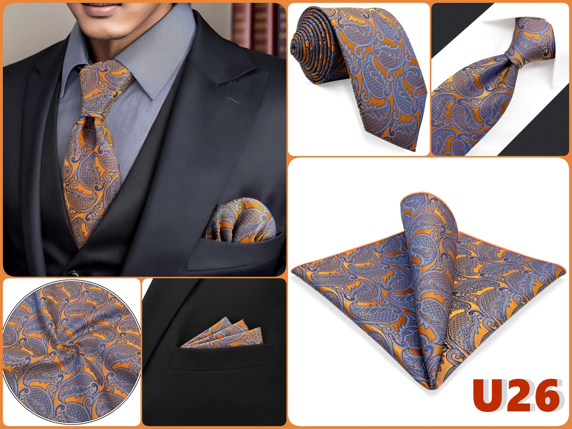 Braunes Herren-Krawatten-Einstecktuch-Set, klassisches Krawatten-Einstecktuch-Set, Business-Formal, Khaki, 147 cm, Dropshipping, Vintage – Detail 10