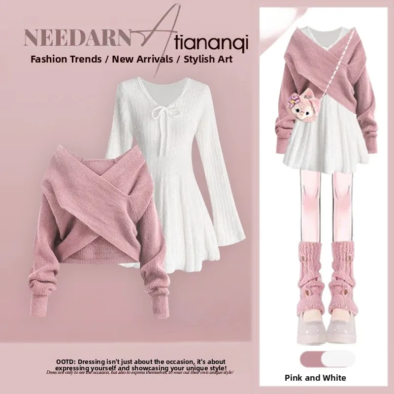 

Осенний комплект 2026: дизайнерский свитер с V-образным вырезом и облегающее платье в стиле Lazy Style – модный повседневный женский костюм-двойка