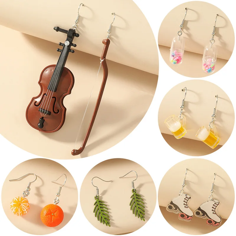 1pair Personalized Beer Violin Shaped Earrings Creative Funny Ear Hook Women Chic Acrylic Fruit Leaves Jewelry Dangle Earrings