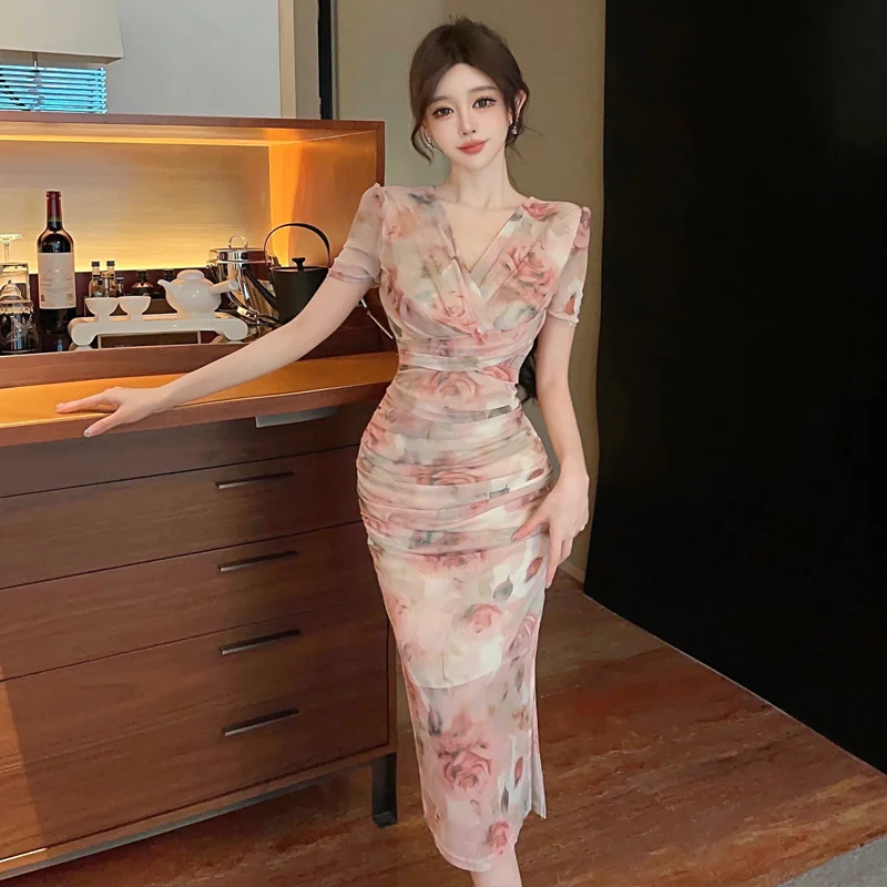 

Летнее женское элегантное платье 2026 с цветочным принтом, сексуальное, с V-образным вырезом, сетчатое, с разрезом, с коротким рукавом, облегающее, длинное, для вечеринок, Vestidos