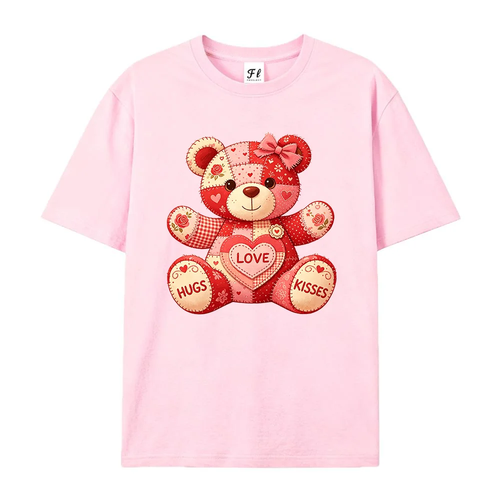 Women Cute Teddy Bear Graphic T Shirt Love Hugs Kisses Patchwork Heart Print White Oversized Short Sleeve Casual Loose Tops