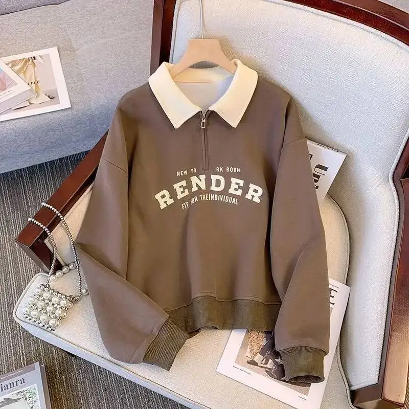 Plus Size American Retro Long Sleeve Zipper Polo Neck Sweatshirt Women's Autumn Winter Loose Color Block Student Top Jacket