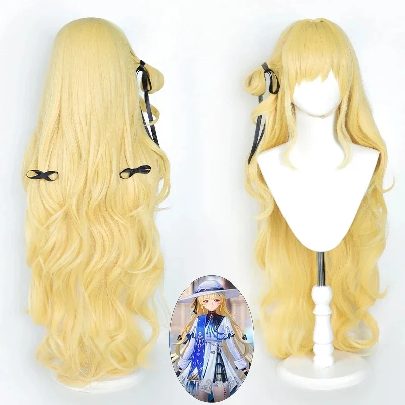 

ABC123CosplayGame Wuthering Waves Phoebe Cosplay Wig Lovely Long Curly Blond Hair Black Ribbon Rinascita Women Girls C3'd,5;h.9/