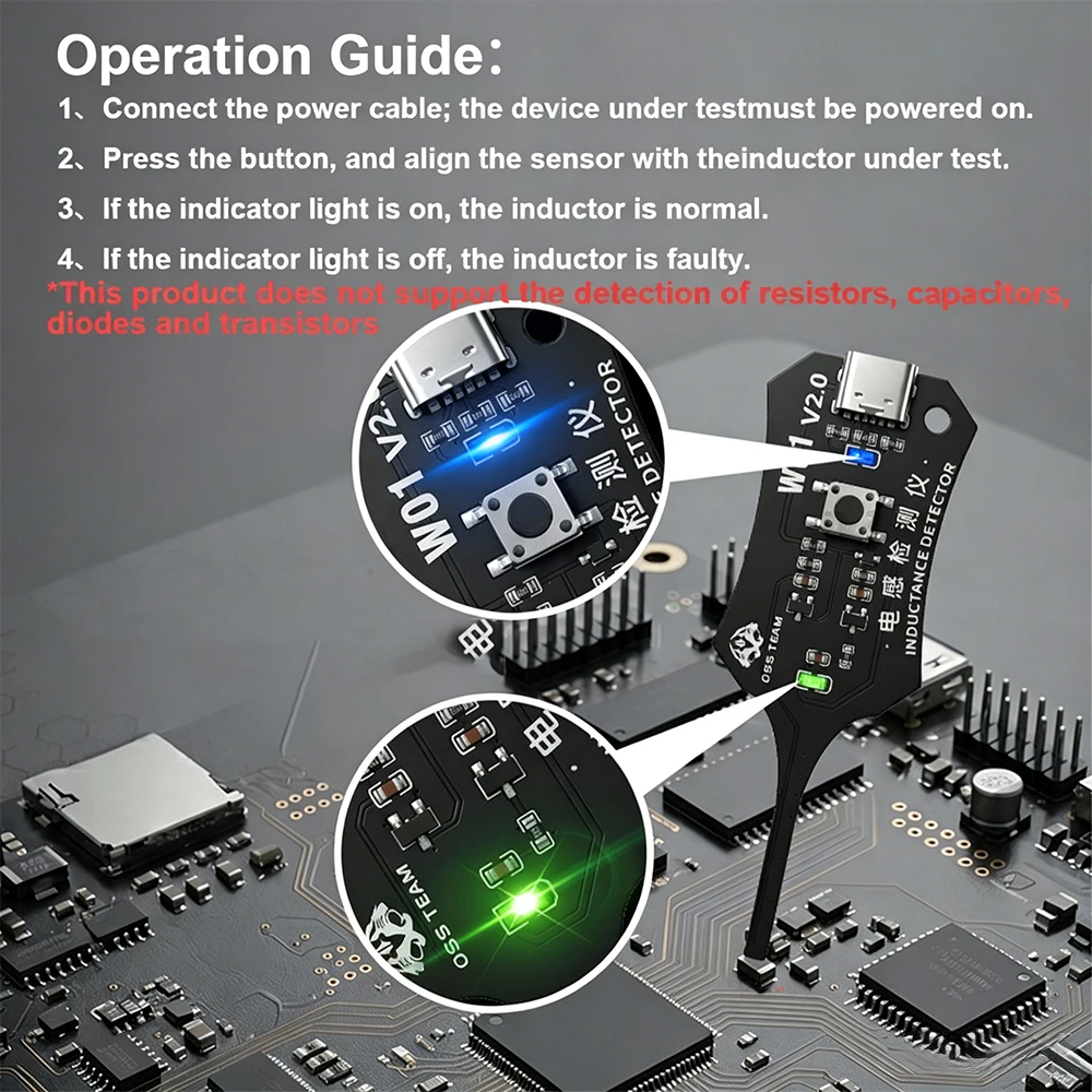 OSS W01 Type C Inductance Tester, Motherboard Coil Tester, Mobile Phone Component Fault Detection, Diagnosis and Repair Tool