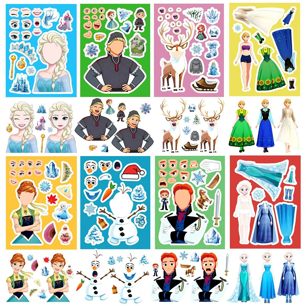 8/16 arkuszy Naklejki Puzzle Księżniczka Elsa Anna Disney Frozen Śliczne Kreskówki Zrób Minę DIY Składaj Układanka Zabawki Edukacyjne Naklejki