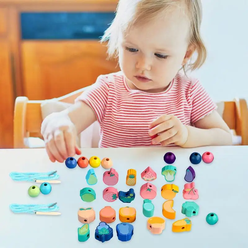 Wooden Toys Baby DIY Toy Cartoon Fruit Animal Traffic Stringing Threading Wooden Beads Toy Montessori Educational Toys For Kids