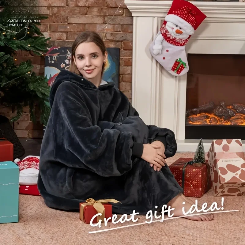Soft Double-Sided Wearable Hooded Blanket Pajamas - Comfortable Oversized Hooded Blanket with kangaroo Pockets, Machine Washable Christmas Gift for Valentine's Day, Suitable for Office, Holiday, and New Year Gifts