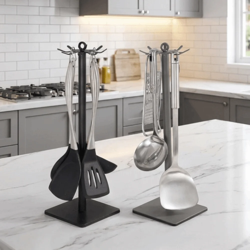 8 Hooks Rotating Spatula Rack Movable Stable Base Spoon Hanging Rack Anti Slip Space Saving Cooking Utensils Holder Utensils