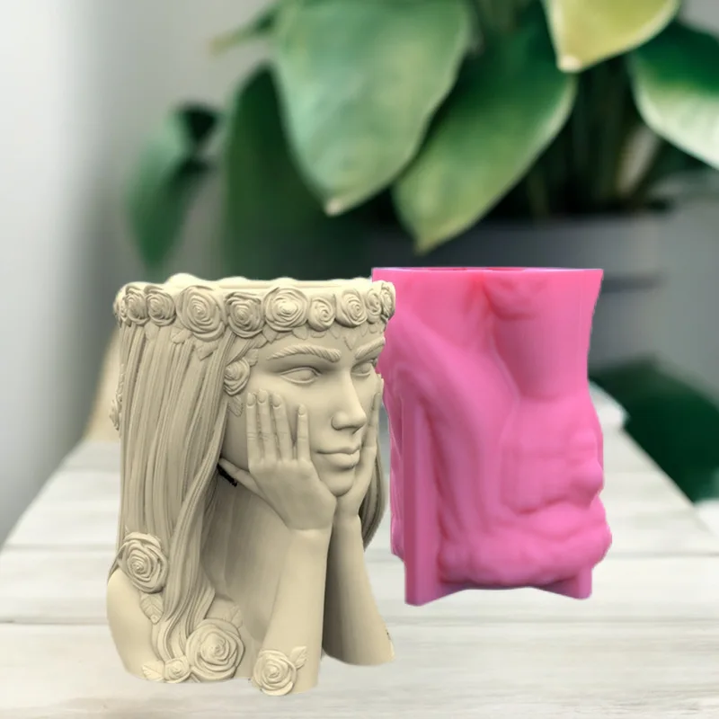 

C308 Beautiful Girl Flower Pot Ashtray Pen Holder Silicone Mold Making Home Decoration with Epoxy Plaster Cement Handicraft