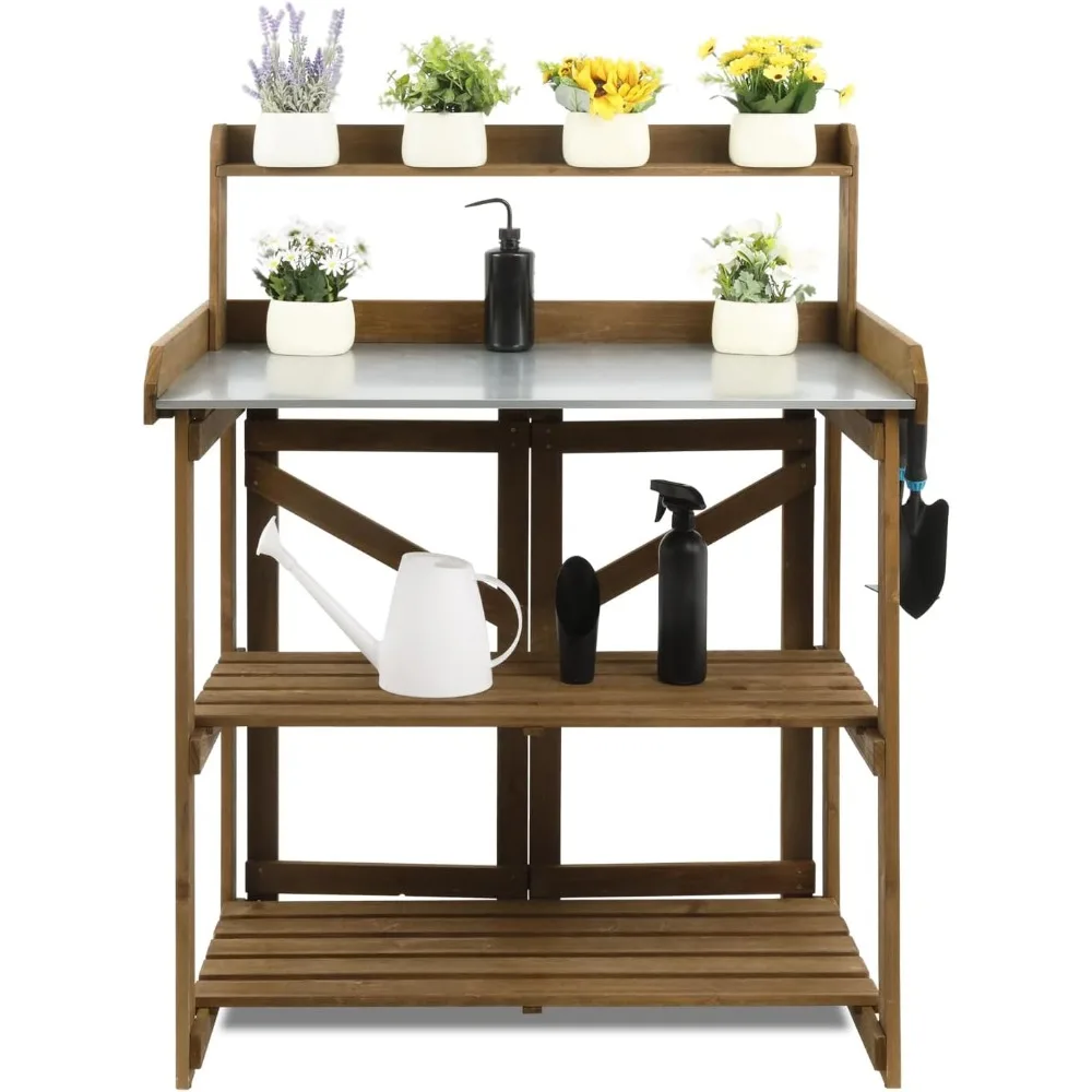 

Folding Garden Potting Bench Table，Outdoor Wooden Work Station W/Metal Table Top,2 Tier Open Storage Rack,Top Shelf-Natural Stai