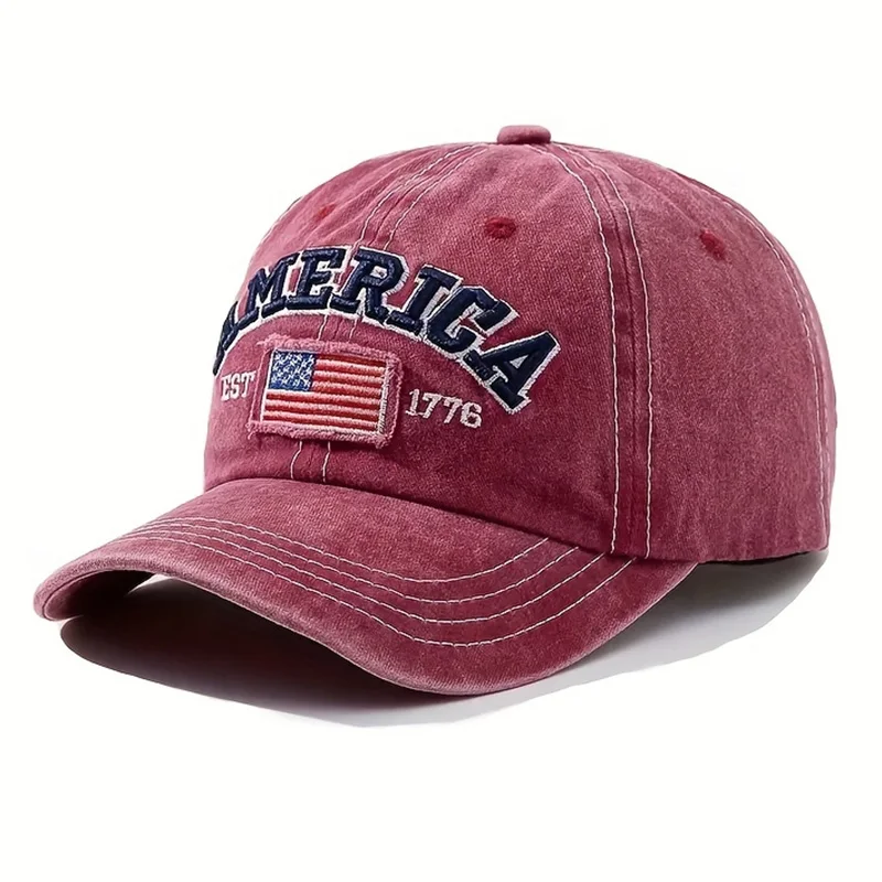 Vintage-Baseballkappe mit USA-Flagge, bestickt – auffälliger Schriftzug, Distressed Wash, Sonnenschutz – trendige Papa-Mütze für den Außenbereich – Detail 4