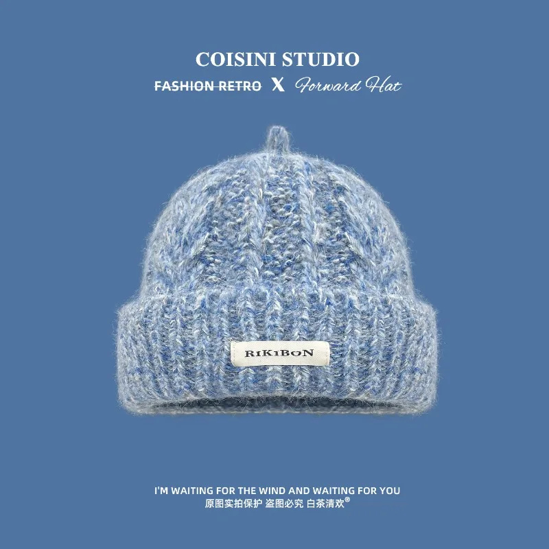 Korean Ins Wool Blended Knitted Hat for Men and Women in Winter Big Head Warm Ear Protection Mixed Color Pacifier Beanie Caps