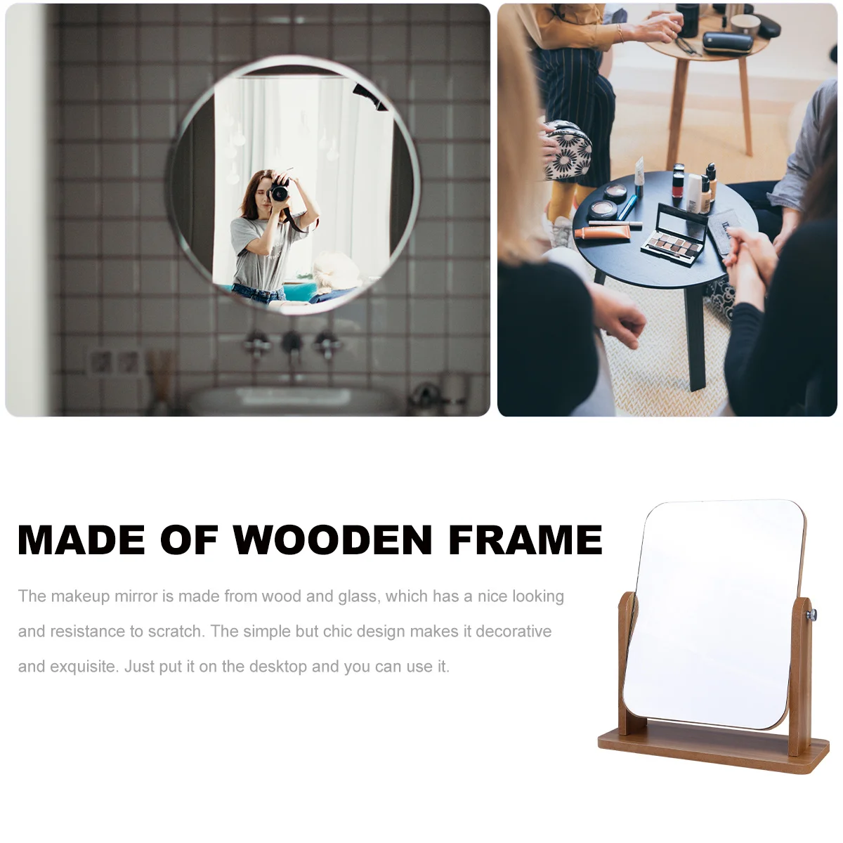 

Wooden Frame Desktop Makeup Mirror Portable Style Clear Glass Durable Mirror for Home Bedroom Bathroom Use