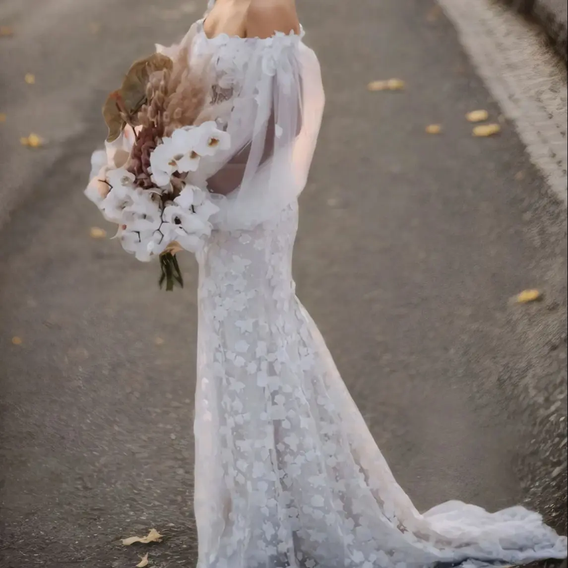 Elegant Mermaid Wedding Dress Long Sleeves Tulle Appliques Court Train Off Shoulder Reception Bridal Gown 2025 free customized