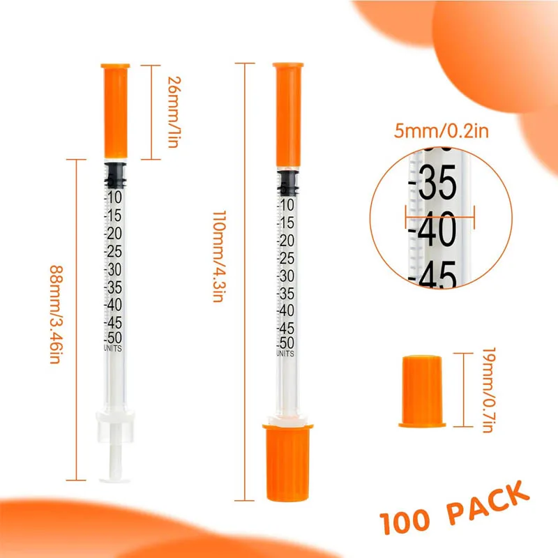 100Pcs/Box 0.5ml/cc 29G 1/2 Inch insulin Syringes, Disposable Syringe, Individual Wrapped injector for Pets Animal