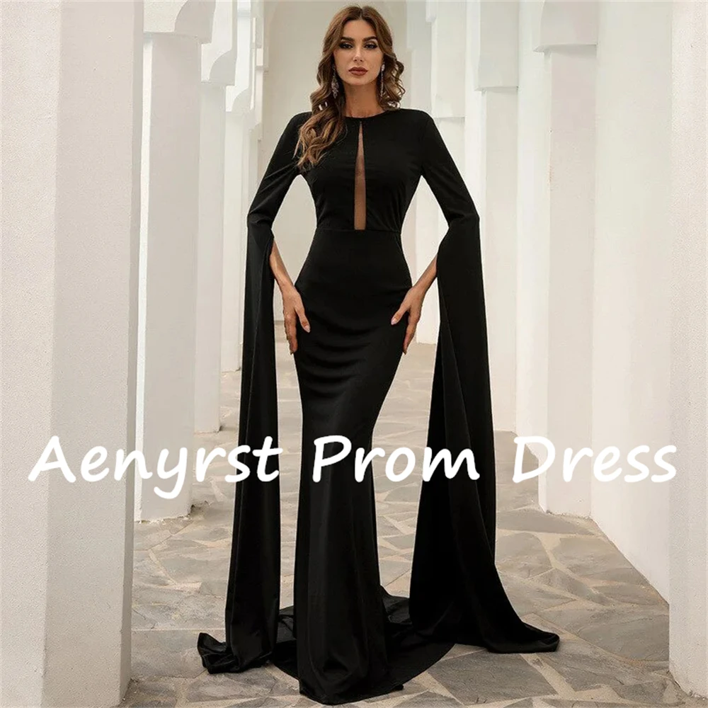 Aenyrst-Vestidos de Noche de Arabia Saudita de manga larga, prenda de satén de sirena, ceñido al cuerpo, color negro, sencillo, largo hasta el suelo, Formal, para fiesta