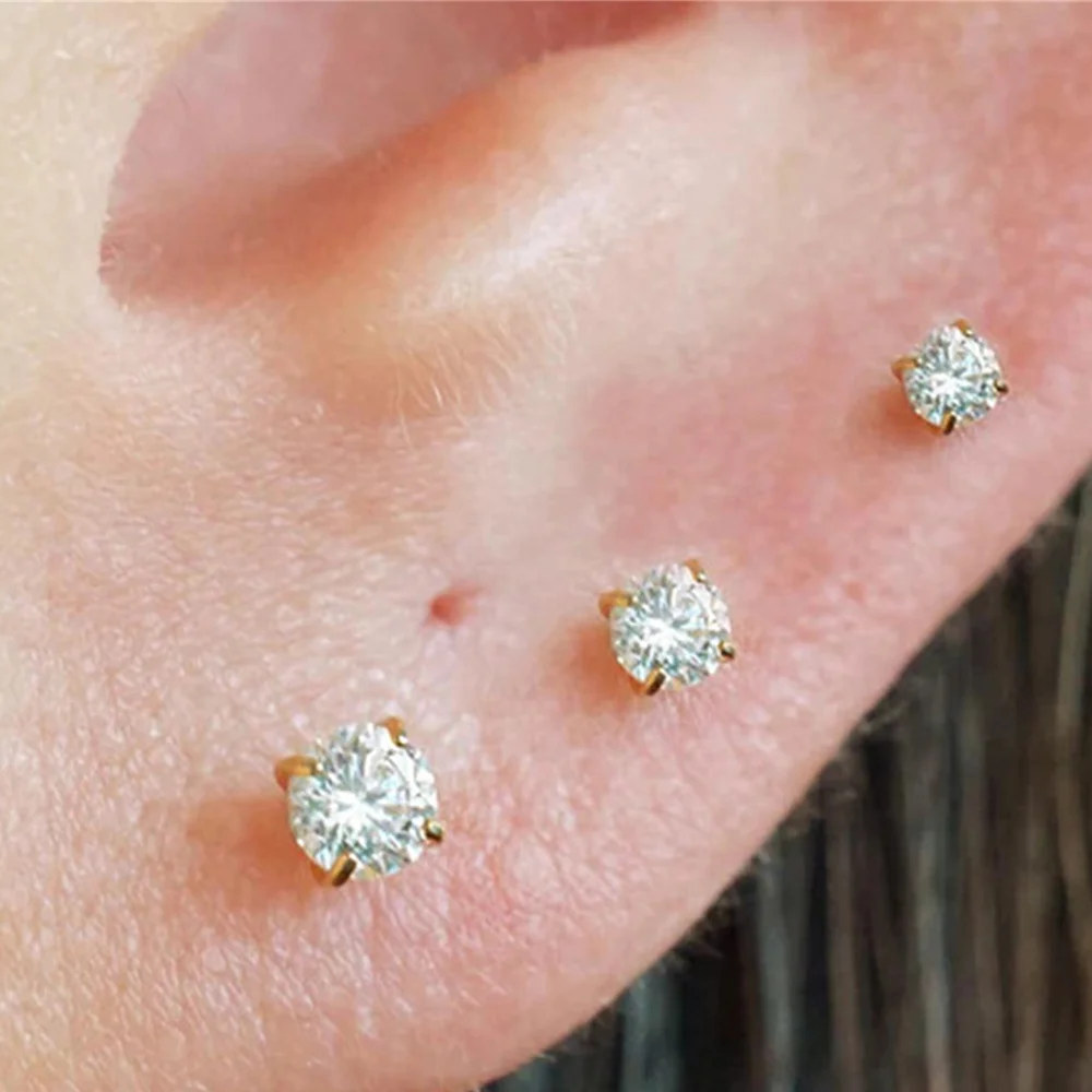 AIDE 925 Sterling Silver Classic  Four claws 3mm Zircon for Women Flat Back Internal Thread Hypoallergenic Piercing Earring
