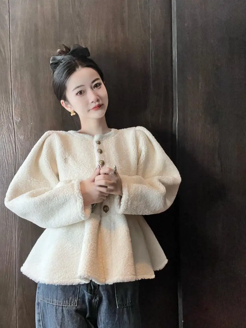 Korea Skirt Style Lamb Velvet Sweet Coat Chic Buttons Single Breasted Ruffles Coats Korean Solid Puff Long Sleeves Jacket