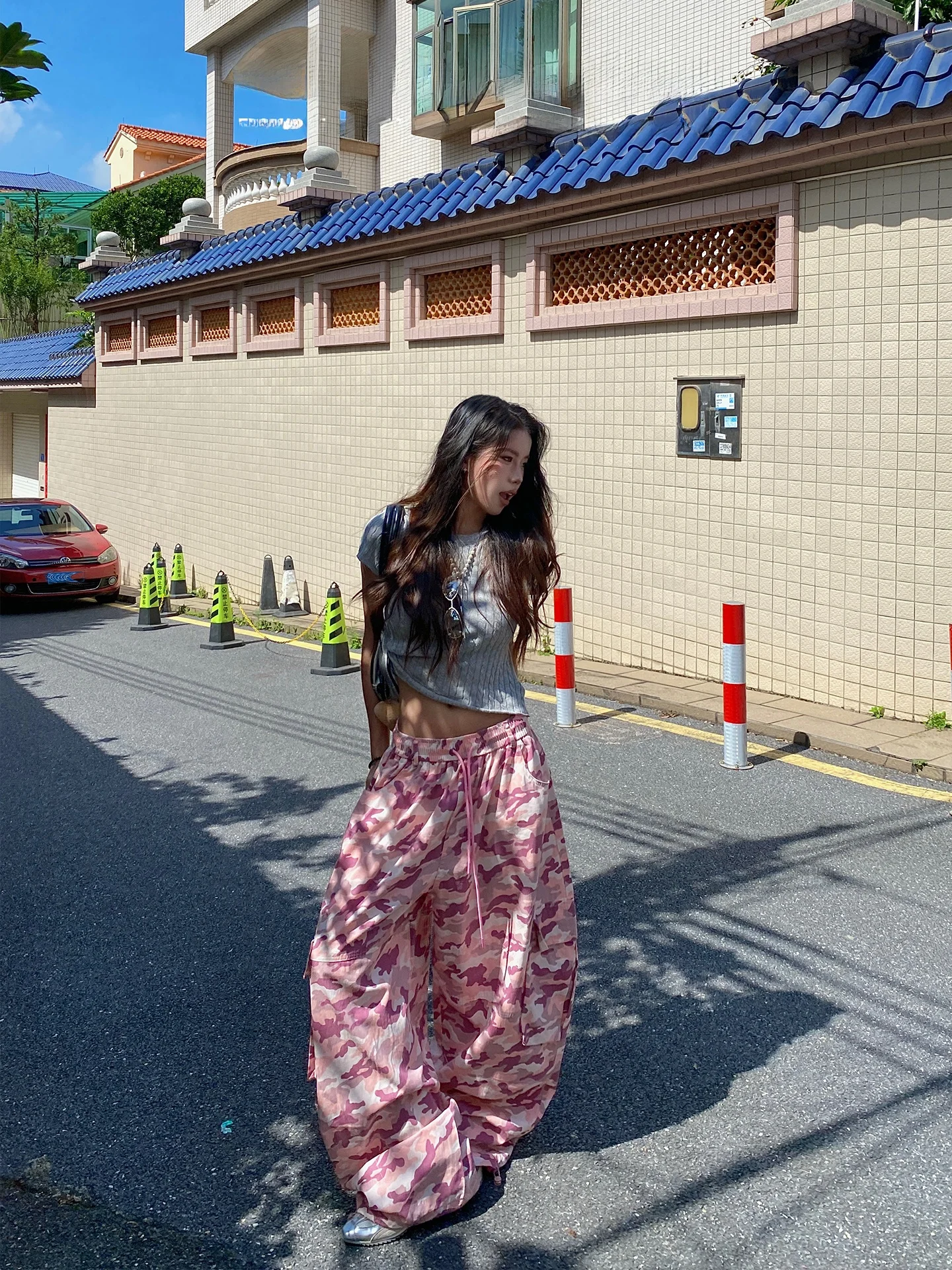 

Pink Camouflage Print Work Pants Women's Loose Wide Leg Pants Jazz Dance Knife Pants Street Sle Cotton Casual Trousers