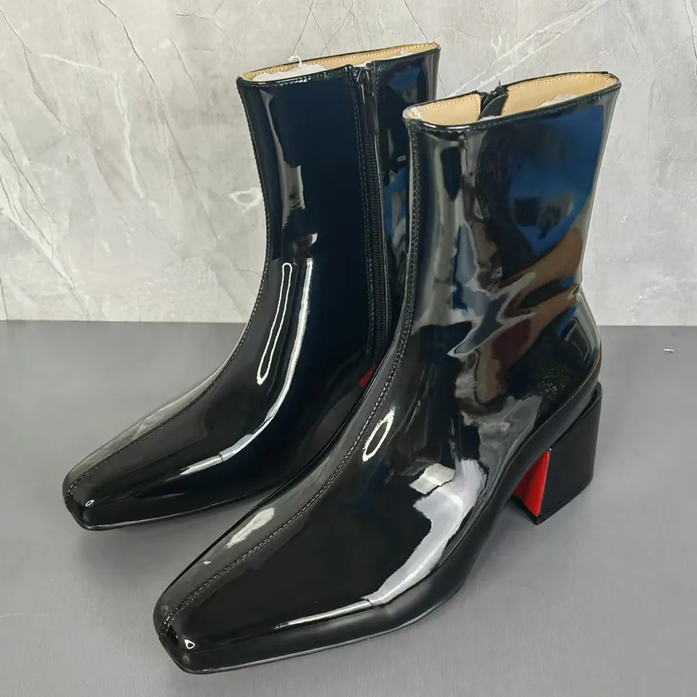 

Black Shiny Solid Color Boots Square Toe Thick High Heel Pull-On Short Boots Side Zipper Fashionable Casual Unisex Boots