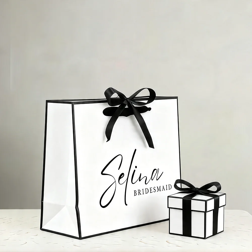 Custom Wedding Bag with Names Personalized Bridal Party Gift Elegant Satin Ribbon Tie Unique Keepsake for Bride Tribe Bridesmaid