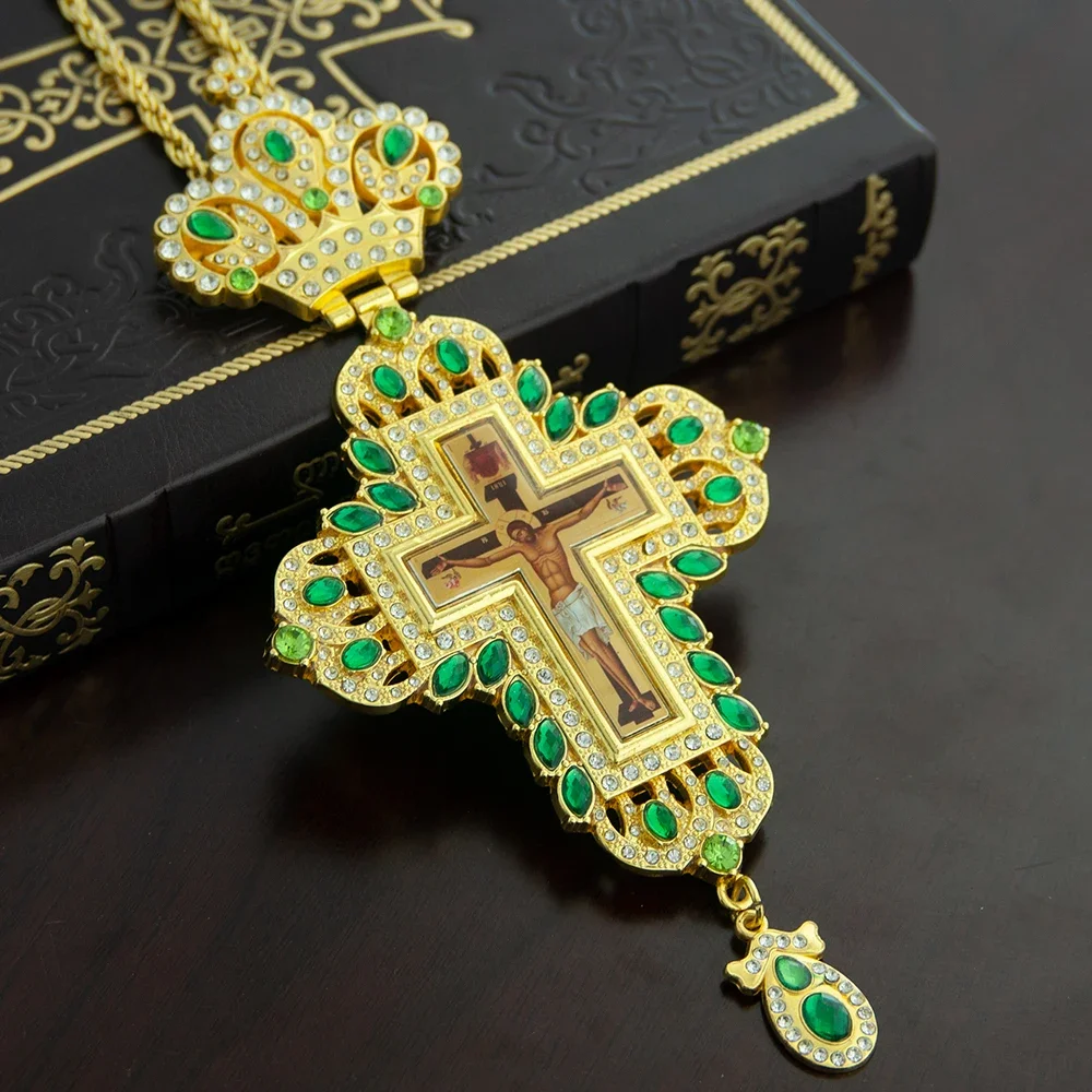 HTISOK Orthodoxes Kreuz-Anhänger, vergoldet, Jesus-Kruzifix mit Edelstein, heiliger Schmuck für Taufe, religiöse Dekoration & Geschenk – Detail 7