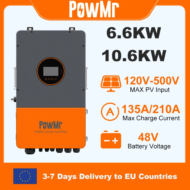 【IP66】PowMr 6,6KW 10,6KW Hybrid-Solarwechselrichter 48V 220V On-Off-Grid-Wechselrichter mit MPPT 135A 210A Ladegerät Parallelverbindung bis zu 9 Stück