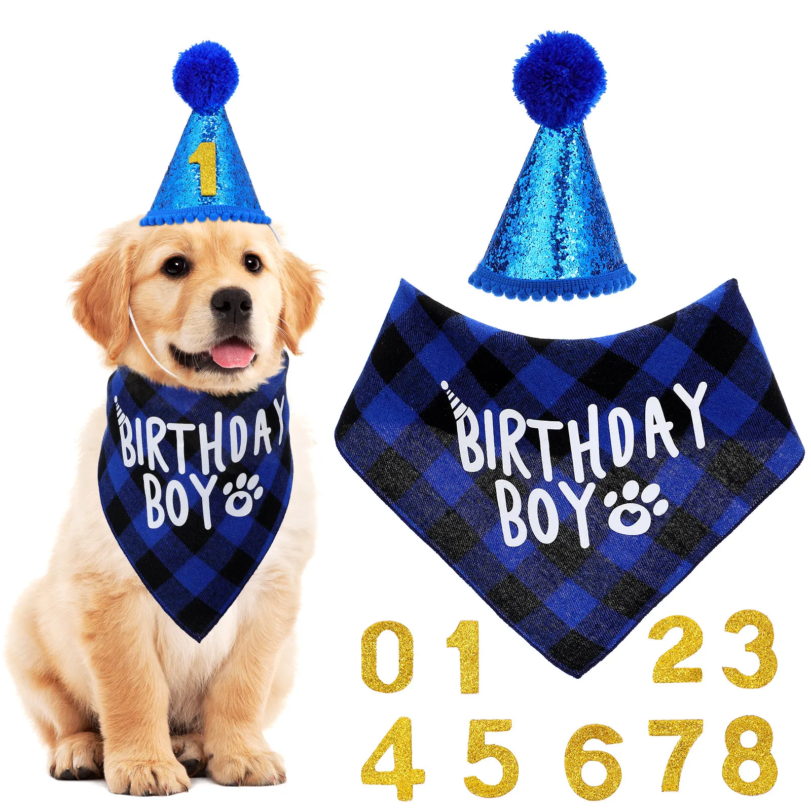 1セットの犬用誕生日バンダナセット、格子柄のバンダナ、キラキ - Party Hat Cone のレビューと価格